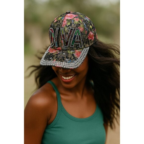 Colorful Diva Floral Bling Cap Adjustable Rhinestone Accents Sparkly By Bjorca - Picture 1 of 8